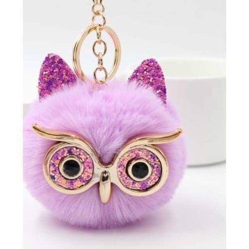 Cute Fluffy Rabbit Fur Owl Pom Ball Keychain Keyring Car Key Ring Chain Charm Women Bag Pendant Decorative Clothing accessories