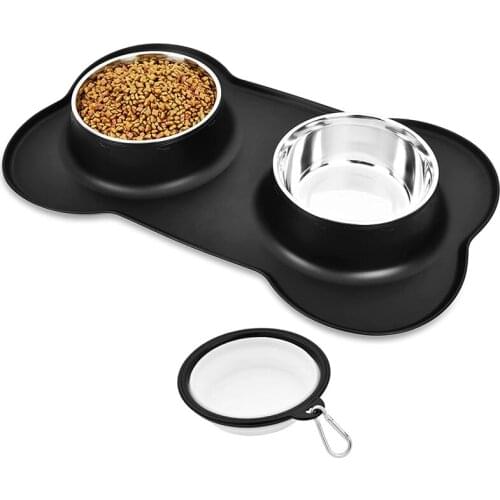 Dog Bowls, Water And Food Dog Bowl, Dog Cat Food Bowl, Double Pet Bowls,Dog Bowl With Non Spill Non Skid Silicone Mat