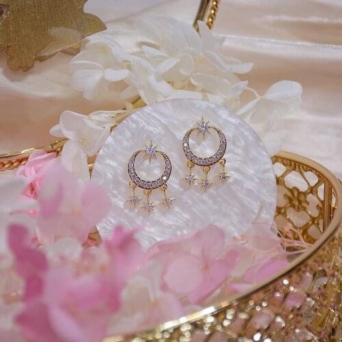 14k Real Gold Plated Fashion Jewelery Crystal Moon Star Exquisite Luxury Earrings for Woman Holiday Party Elegant Earring