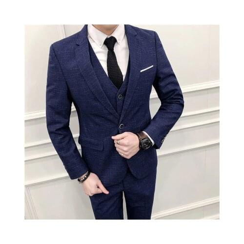 2020 Black Lattice Men Suit 3 Pieces Classic Groom Wedding Suits Formal Male Business Blue Dress Tuxedo Blazer Vest Pants Set