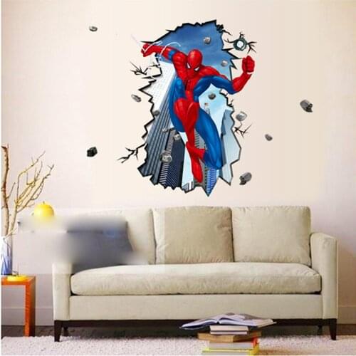 Broken-Wall Spiderman Wall Sticker For Boys Room Decoration Wallpaper 3D Self-adhesive Vinyl Cartoon Mural Decal Kids Room Decor