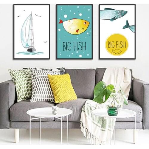 Nordic Fish and Boat Sailboat Wall Art Canvas Painting A4 Posters and Paints Home Decoration Childrens Room Wall Art Pictures
