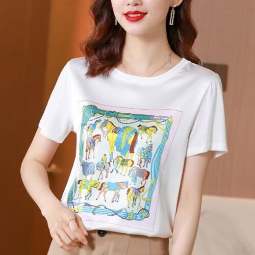 Summer New Womens T-Shirt Short Sleeve Print Patchwork Satin Short Sleeve T-Shirt White O-Neck plus size