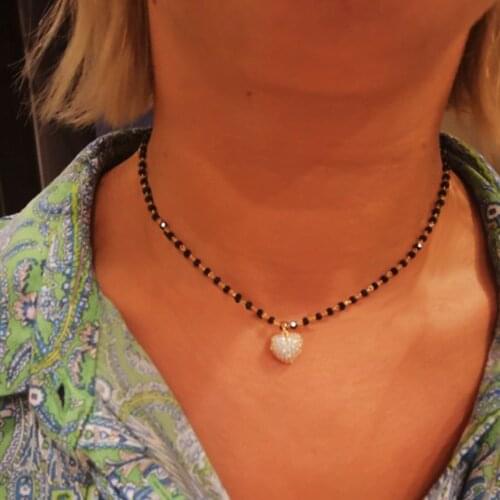 Trendy Love Heart Choker Necklace For Woman CZ Zircon 3D Pendant Black Beaded Chain Neckalces Jewelry Party Gifts Wholesale 2020