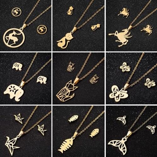 Fashion Statement Animal Necklace Earrings Jewelry Sets for Women Cute Elephant Fox Butterfly Horse Pendants Necklaces Choker