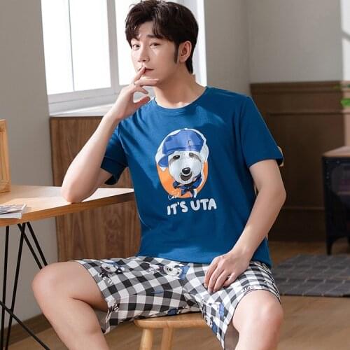 Summer 2021 Men Cotton Pajamas Set Short Sleeve Shorts Sleepwear Round Collar Cartoon Print and Pocket Casual Homewear