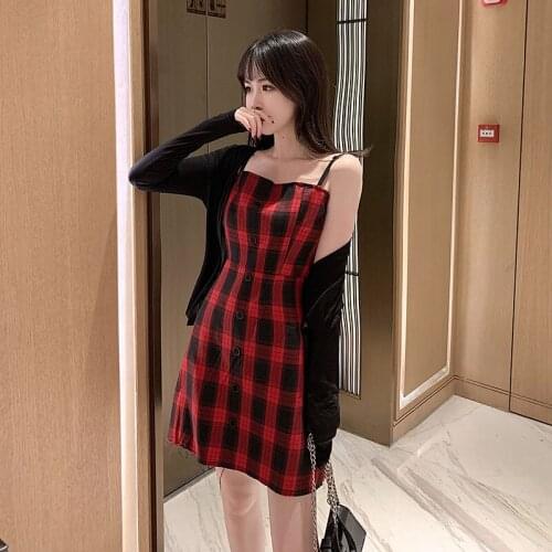 Summer Dress Women Sexy High Waist Single-breasted Plaid Dresses 2020 Gothic Girl Style Spaghetti Strap Sleeveless Vestidos