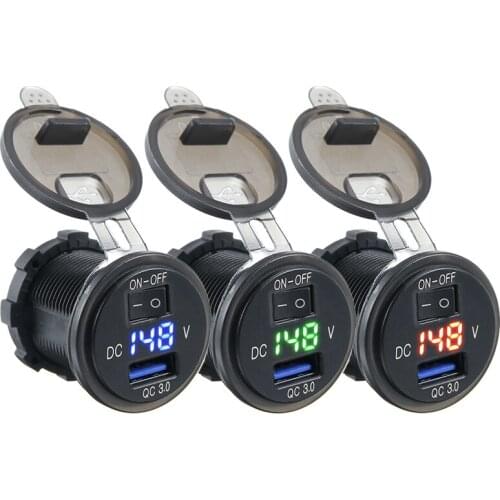 QC 3.0 USB Motorcycle Boat Car Charger Socket Adapter LED Voltmeter With Switch Adaoters Sockets For Smart Phones Tablets