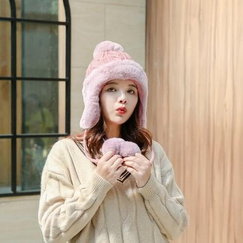 Fashion New Knitted Fur Hat Winter Warm Ear Protective Leather Hat Fox Hair Ball Raccoon Hair Hat Cover Womens Ski Cap