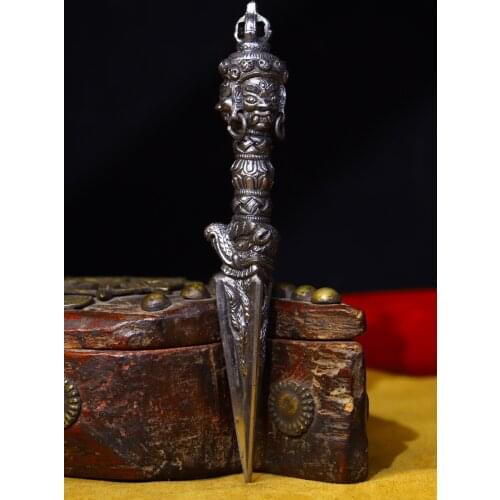 6" Tibet Buddhism Tiantie Three-sided Mahakala Head Statue Dorje Vajra Phurba Dagger Holder Exorcism Ward off evil spirits