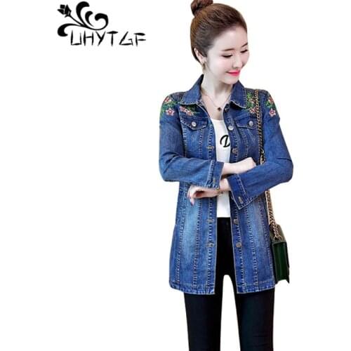 UHYTGF New Women Autumn Denim Jacket Fashion Embroidery Slim Student Outerwear Spring Jeans Windbreaker Female 5XL Plus Size 858
