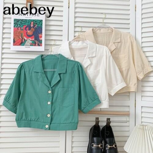 Vintage versatile turn-down collar puff sleeve Shirt pocket design single breasted short Shirt Top 2021 New Summer Women