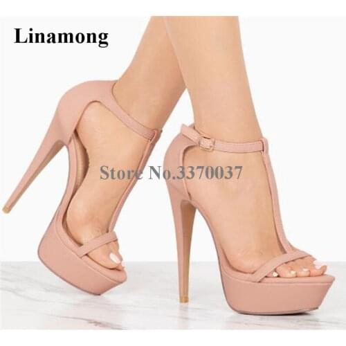 Ladies New Fashion Open Toe Black Nude Suede Leather High Platform Sandals T-strap Super High Heel Sandals Dress Shoes