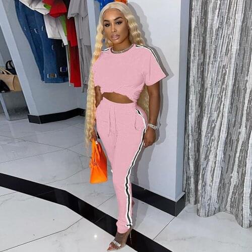 Pure Color Patchwork Leisure Sporty Two Piece Set Womens Round Neck Short Sleeve Crop Top and Drawstring Long Pant Tracksuits