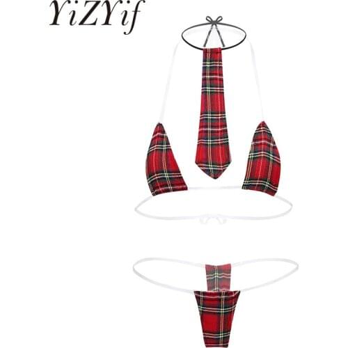 Women Plaid Halter Bikini Lingerie Summer Swimwear Swimsuit Lace-up Invisible Straps Bra G-string Thong Schoolgirl Exotic Set