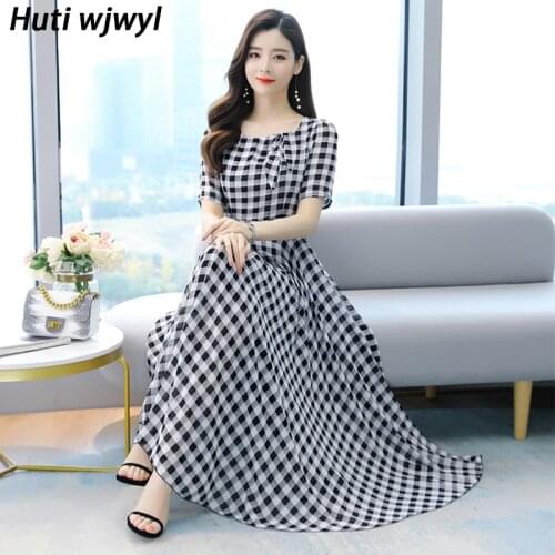 Summer Boho Beach Red Plaid Print Chiffon Maxi Dress 2021 Vintage 4XL Plus Size Short Sleeve Women Dress Elegant Party Vestidos