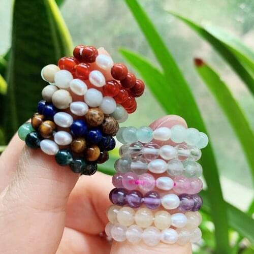1pc Reiki Healing Natural Gems Stone Finger Rings Stackable Rice Pearls Real Agates Quartz Crystal Knuckle Rings Party Lovers