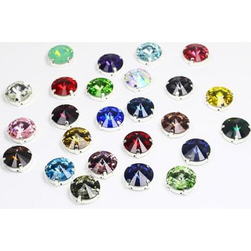 14mm 30pcs Rivoli Flatback Sew On Rhinestones With Silver Claw Flatback Colorful Sew On Diamond For Needlework Garment Shoes