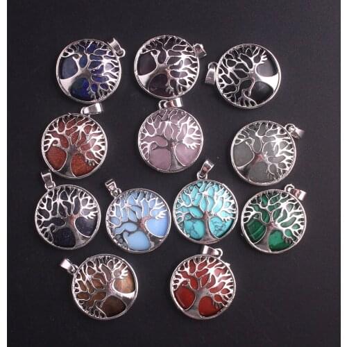24pcs Life Of Tree Chakra Energy Pendants Natural Stone Pendant Necklace For Jewelry Making Healing Reiki Meditation Pendulum