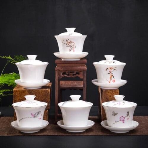 250ml Sheep fat jade Ceramics Tea Set Gaiwan Teaware Sets Kung Fu Tea Ceremony Tea Set Supplies Decoration Accessories Crafts