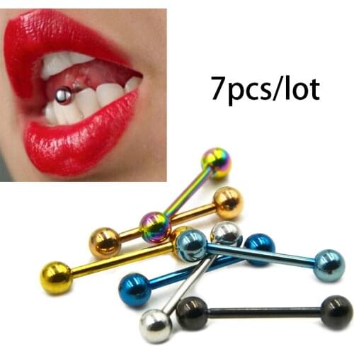 7pcs/lot Mixed Color Surgical Steel Long Industrial Barbell Ring Tongue Ring Nipple Bar Tragus Helix Ear Piercing Body Jewelry