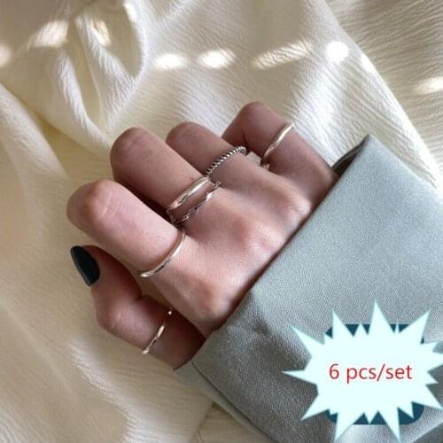Besimpol 6 pcs/set Real 925 Sterling Silver Ring Fashion Simple Adjustable Open Rings For Women Luxury Fine Jewelry Gifts