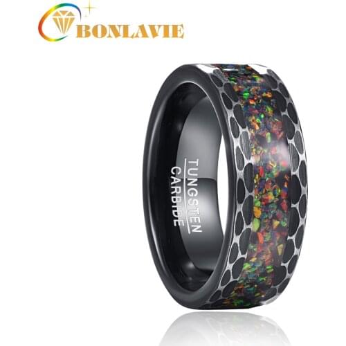 BONLAVIE Brushed Black Edge Inlaid and Crushed Opal Tungsten Ring Men Wedding Band Jewelry