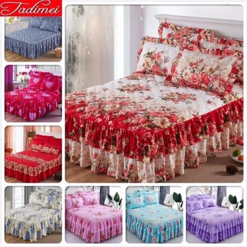 Lover Couple Adult Kids Girl Red Pink Thick Quilted Bed Skirt Soft Cotton Sheet Cover Linen Single Full Queen Size Bedspreads 2m