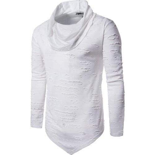 New style Men Heap Collar Long Sleeve T-Shirt Male Ripped Holes Tshirt Irregular Hem Tshirt For Men t-shirt Asymmetric Hem
