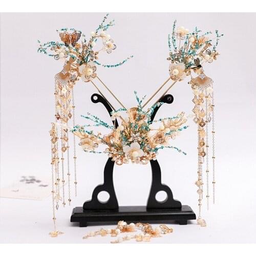 Chinese All-Match Full Set Burnt Blue Tassel coronet Female Hairpin comb Fairy jewelry Suit luxury jewelry