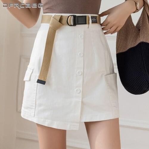 Army Green Stretch Summer Women Denim Skirts With Belt 2021 High Waist Irregular Cargo Short Skirt Femme Jeans Saias