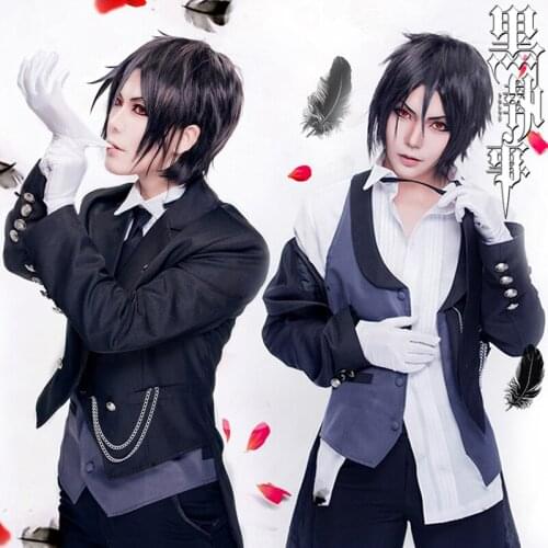 9PCS Black Butler 2 Kuroshitsuji Sebastian Michaelis Cosplay Costume Unisex Uniform Halloween men Full set Cosplay Costume wig