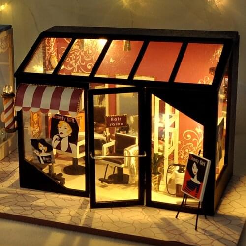 New DIY Fashion Nail Shop Hair Salon Wooden Dollhouse Miniature Furniture With LED Kits Doll Houses Assemble Toys Kids Gift Casa