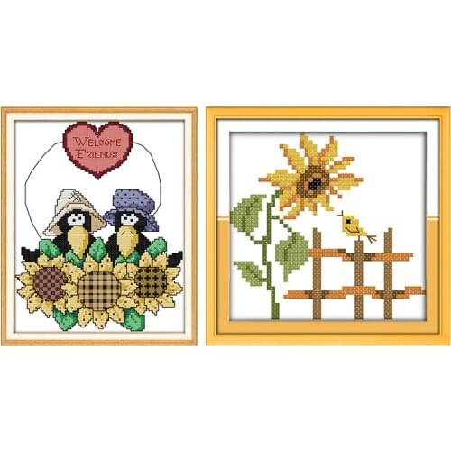 Joy Sunday Counted Cross Stitch Birds and Sun Flowers Patterns 14ct Stamped Embroidery Needlework Sets Printed Cross Stitch Kits
