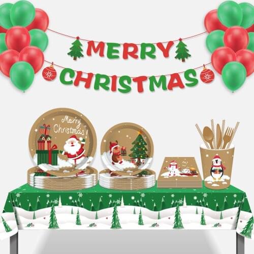 Santa Christmas Party Tableware Disposable Tableware Set Party Decoration Paper Cup Tray Wedding Birthday Balloon Party Supplie