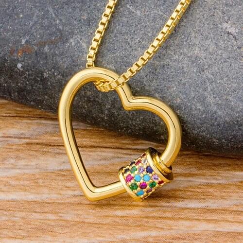 New Design Heart Lock Carabiner Pendant Necklace Copper CZ Zirconia Jewelry Screw Clasp Statement Chain Necklace For Couples