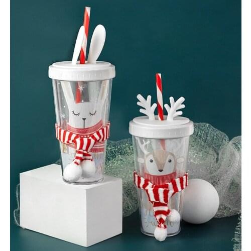 Kawaii Animals Plastic Cup with Straw and Lid 420ml BPA Free Double Wall Adult Drinking Bottle Water Juice Mugs Christmas Gift