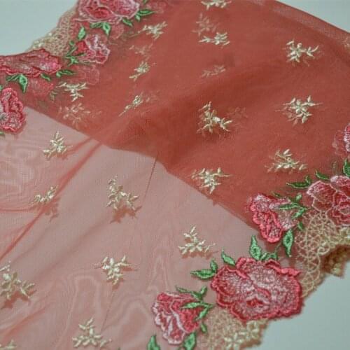 1Y 30Cm Translucent Pink Gauze Fluorescent Mirror Pink Floral Embroidery Lace Trim with Design for Wedding Bridal and Garment