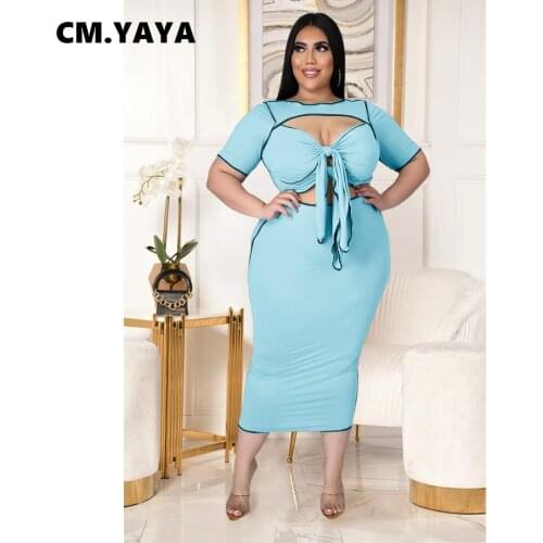 CM.YAYA Women Midi Dress Plus Size Hollow Out Bandage Solid Sheath Elastic Mid Calf Pencil Dresses Office Lady Fashion Dress