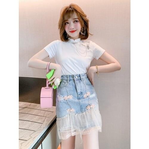 Style restoring ancient ways of tall waist dish buckle cowboy stitching hot drills the net veil female summer new skirt