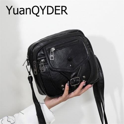 Washed Leather Women Crossbody Bag Rivet Belt Buckle Shoulder Bag Designer Casual Cell Phone Bags Ladies Vintage Messenger Bags