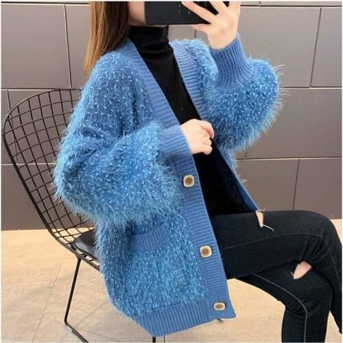 Blue Faux Fur Winter Autumn Women Sweaters Trendy Furry Plush V-Neck Long Loose Korean Oversized Jacket Sweater Tops Overcoat