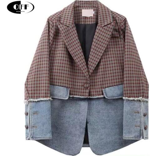 Spring Autumn Casual Plaid Coat Long Sleeve Patchwork Denim Jacket Loose A Buckle Runway Chic Womens Tops Clothes Coats Female