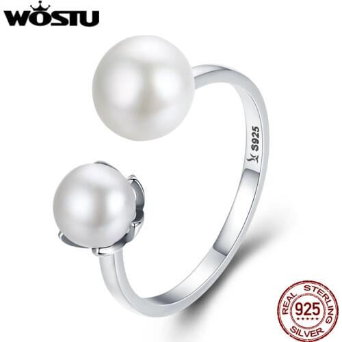 WOSTU 925 Sterling Silver & Freshwater Pearl Cultured Elegance Finger Rings For Women S925 Silver Jewelry Luxury Gift CQR192