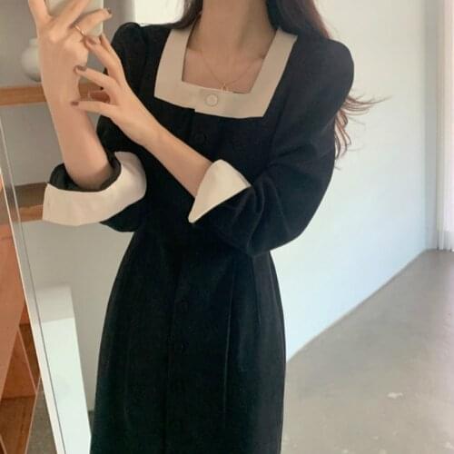 Women Elegant Square Collar Patchwork Long Shirt Dress Single Breasted Slim Waist Midi Dresses with Waistbelt