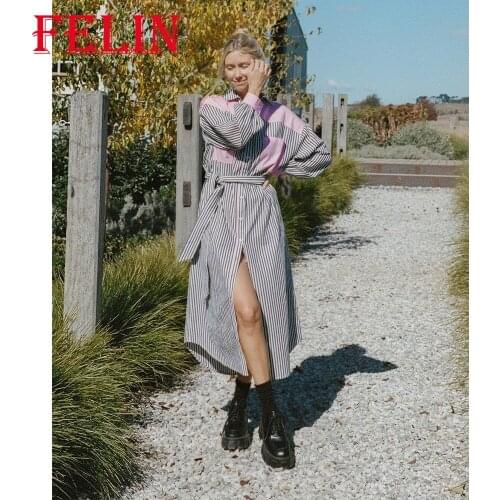 Women Chic Pink Color Block Striped Shirt Dress Za 2021 Long Sleeve Elegant Long Dress Loose Oversized Office Lady Vestidos