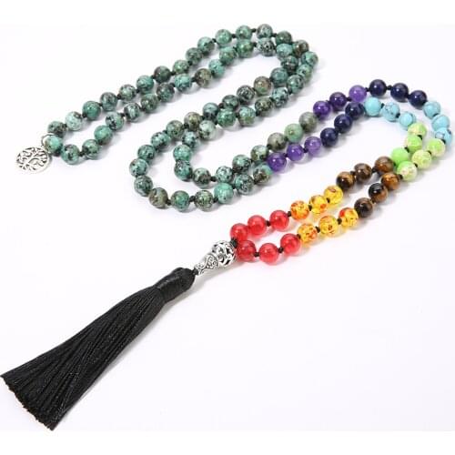 108 Mala Bead Hand Knotted Necklace Natural Stone Rosary Meditation Yoga Prayer Jewelry 7 Chakra Japamala Tree of Life Pendant