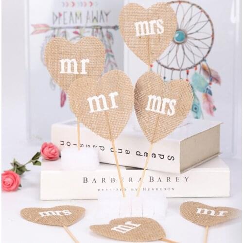 2pcs MR MRS Burlap Lace Wedding Collection, Cupcake Topper DIY Party Favors Kit