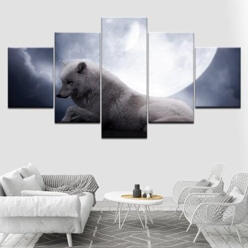 Wolf and white moon 5 Piece HD Wallpapers Art Canvas Print modern Poster Modular art painting for Living Room Home Decor