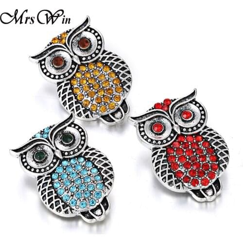 6pcs/lot New Snap Button Jewelry Rhinestone Owl 18mm Metal Snap Buttons Fit Leather Metal Silver color Snap Bracelet Bangle